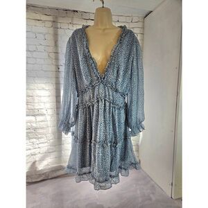 Womens Size XL Light Blue/White Knee Length Open Back Peasant Dress